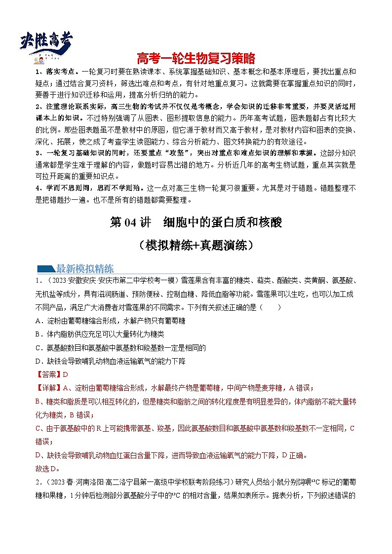 第4讲 细胞中的蛋白质和核酸（练习）（解析版）第1页