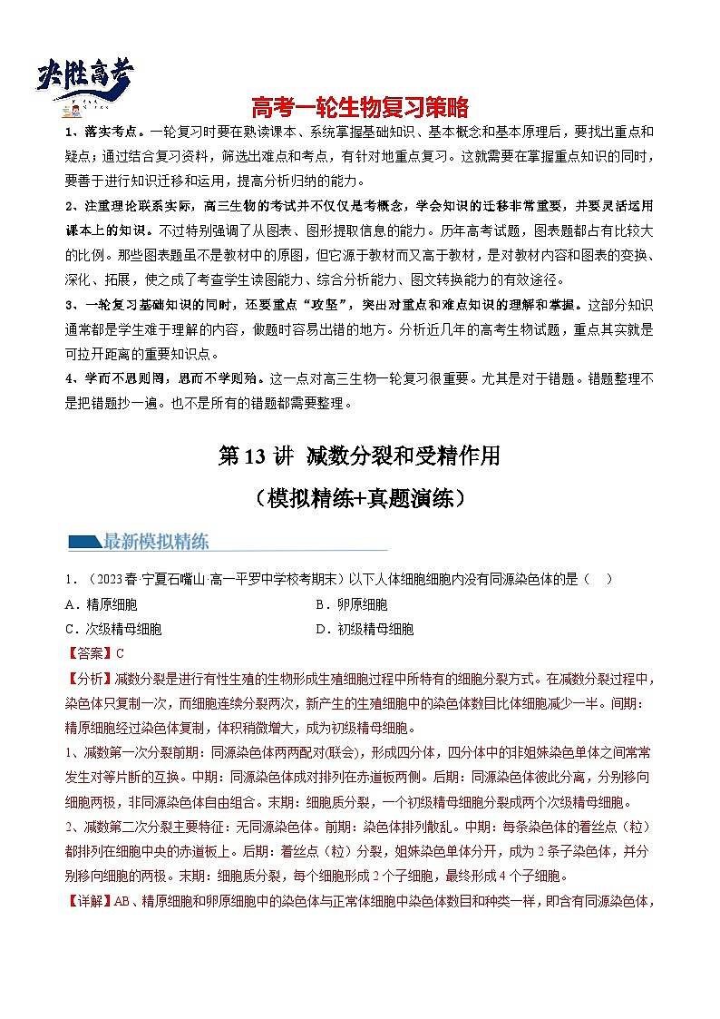 第13讲 减数分裂和受精作用（练习）（解析版）第1页