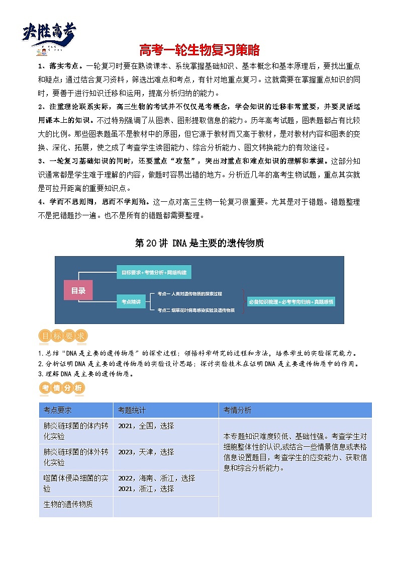 第20讲 DNA是主要的遗传物质（讲义）（学生版）第1页