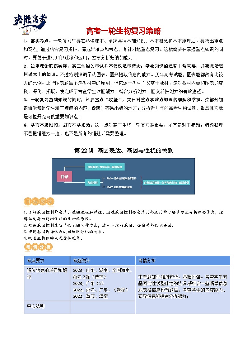 第22讲 基因的表达、基因与性状的关系（讲义）（教师版）第1页