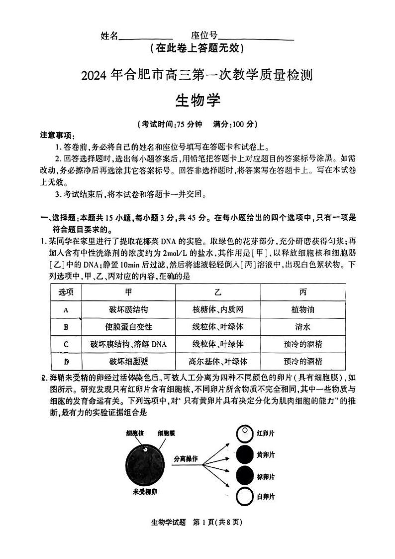 2024年合肥市高三一模生物试题和答案第1页
