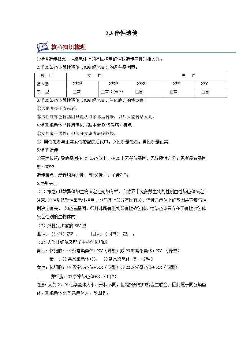 （人教版2019必修2）高一生物课后培优分级练2.3 伴性遗传（原卷版+解析）01