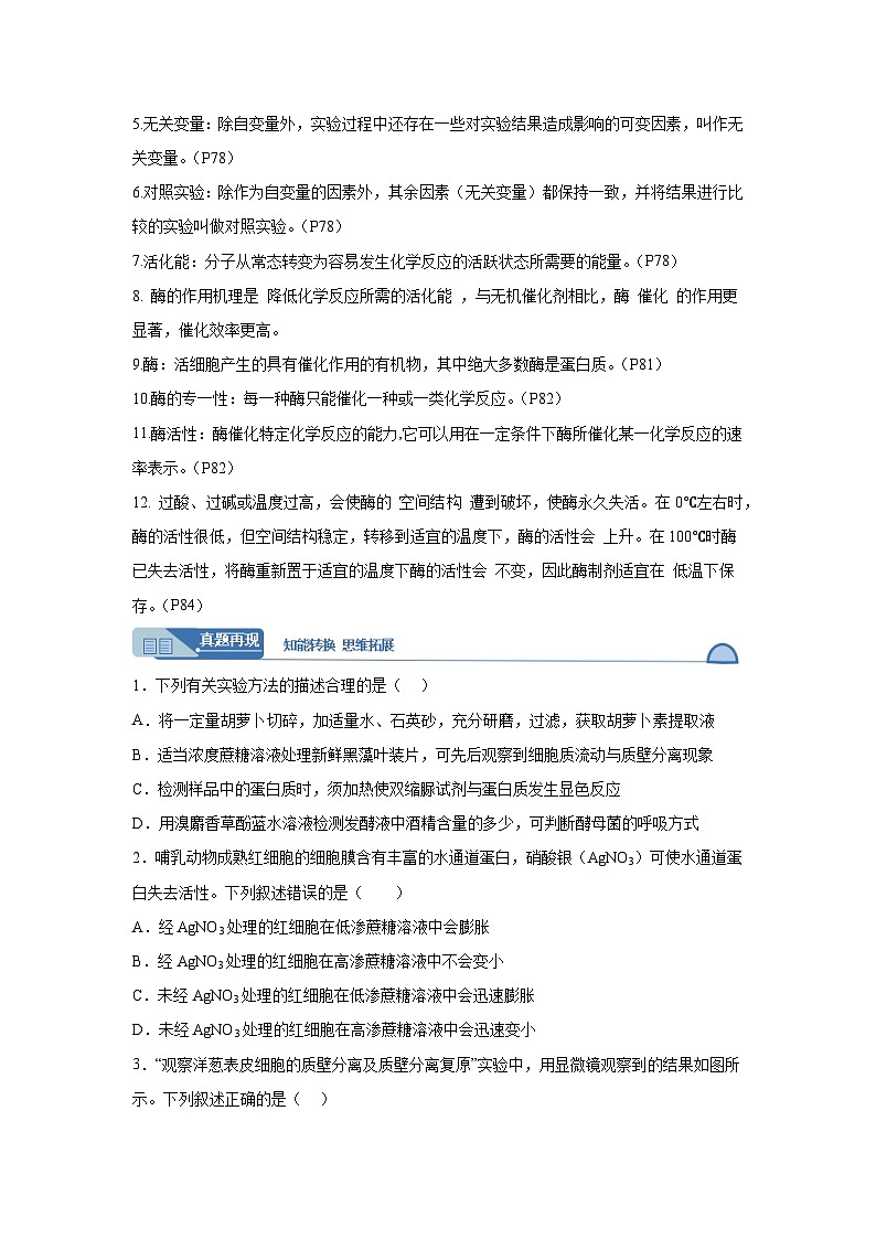 高考生物第一轮复习知识点挖空专项练习 倒数第14天细胞的物质运输、酶（原卷版+答案解析）第2页
