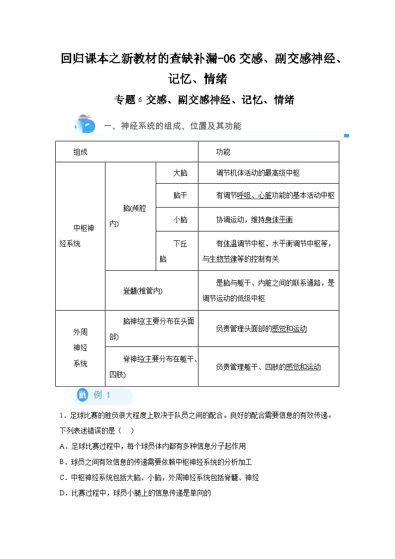 高考生物第一轮复习知识点挖空专项练习 回归课本之新教材的查缺补漏-06交感、副交感神经、记忆、情绪（原卷版+答案解析）第1页