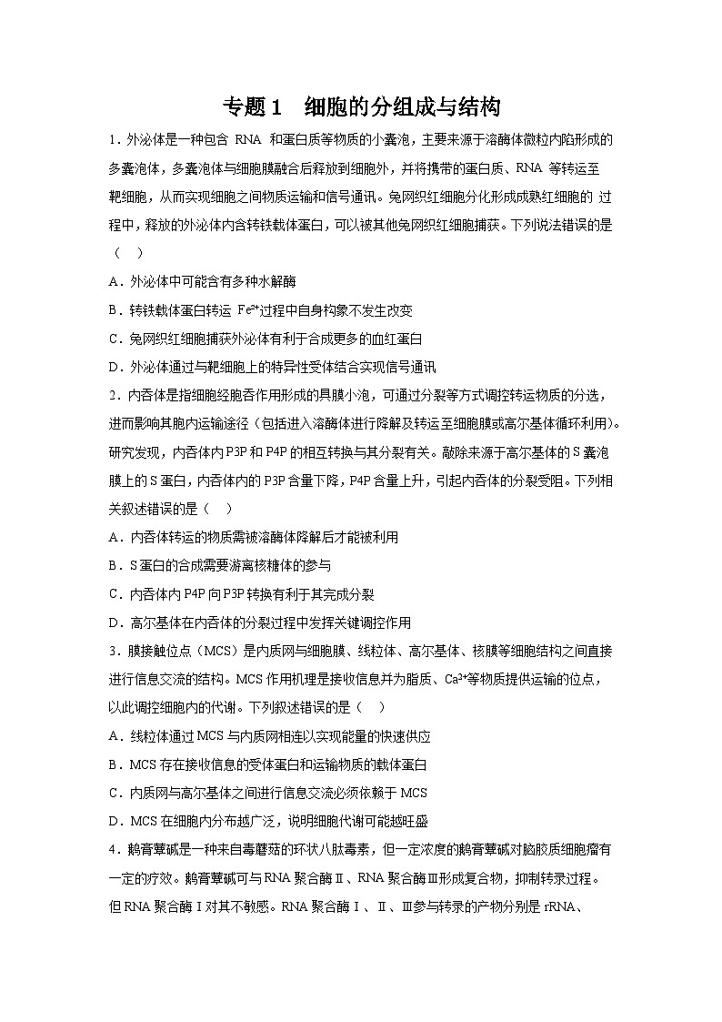 高考生物第一轮复习知识点挖空专项练习 专题1细胞的分组成与结构（原卷版+答案解析）01
