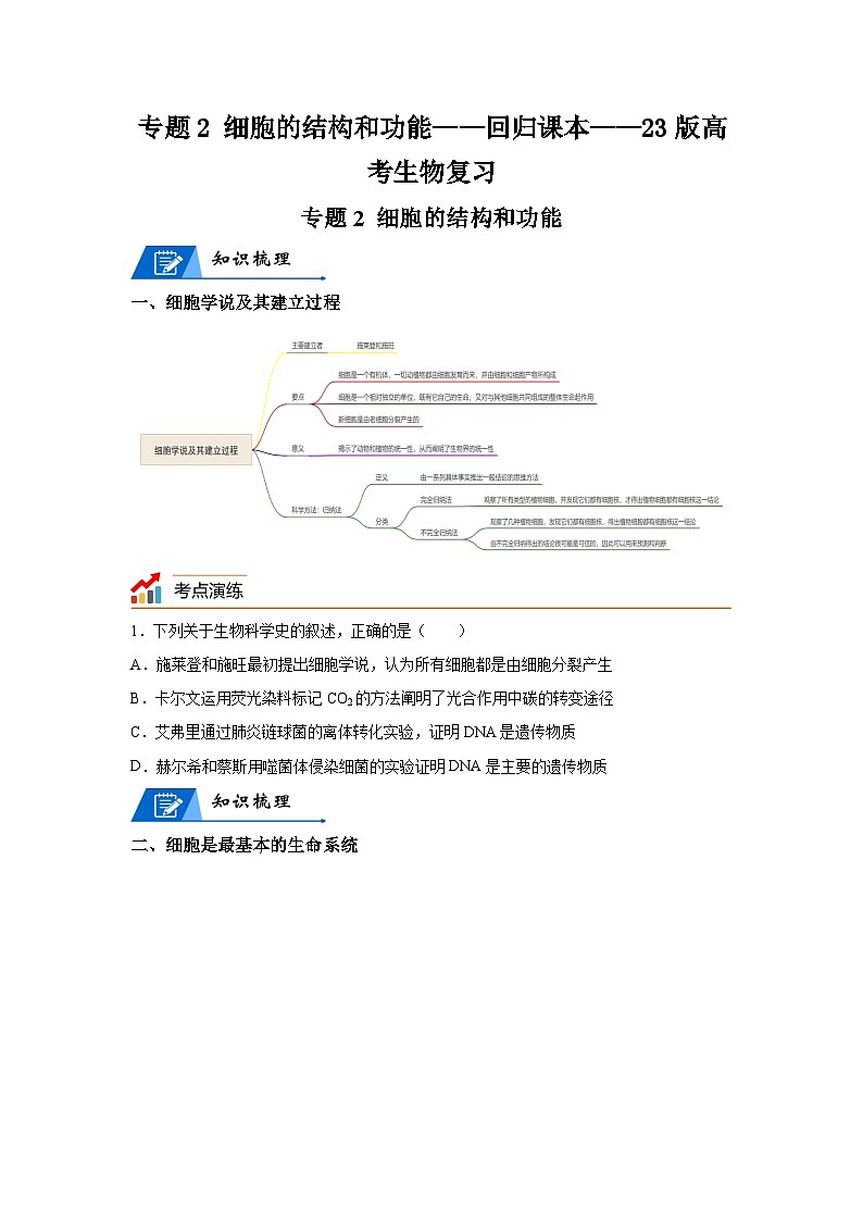 高考生物第一轮复习知识点挖空专项练习 专题2细胞的结构和功能-回归课本-23版高考生物复习（原卷版+答案解析）第1页