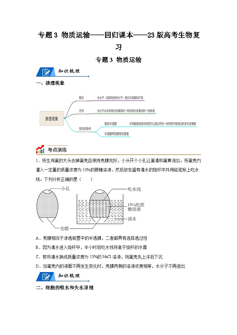 高考生物第一轮复习知识点挖空专项练习 专题3物质运输-回归课本-23版高考生物复习（原卷版+答案解析）第1页