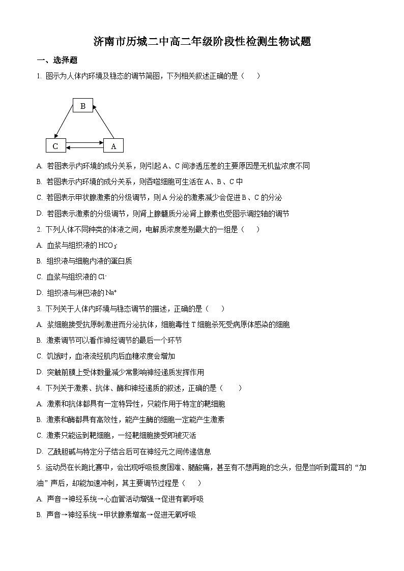 精品解析：山东省济南市历城二中2022-2023学年高二上学期期中生物试题（原卷版+答案解析）01