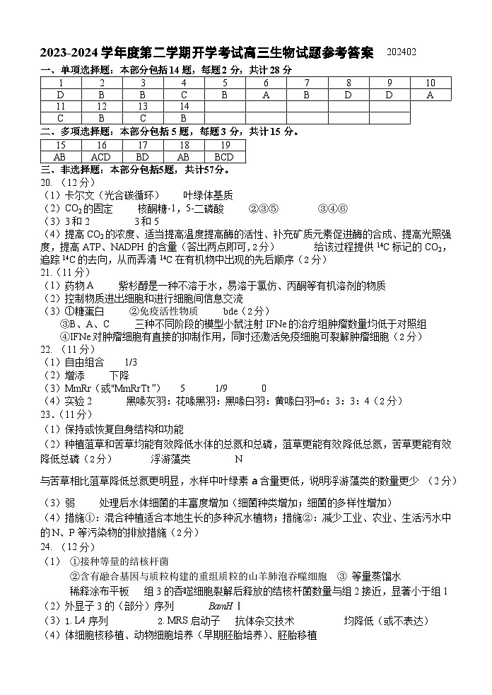 江苏省扬州中学2023-2024学年高三下学期阶段练习生物试题01