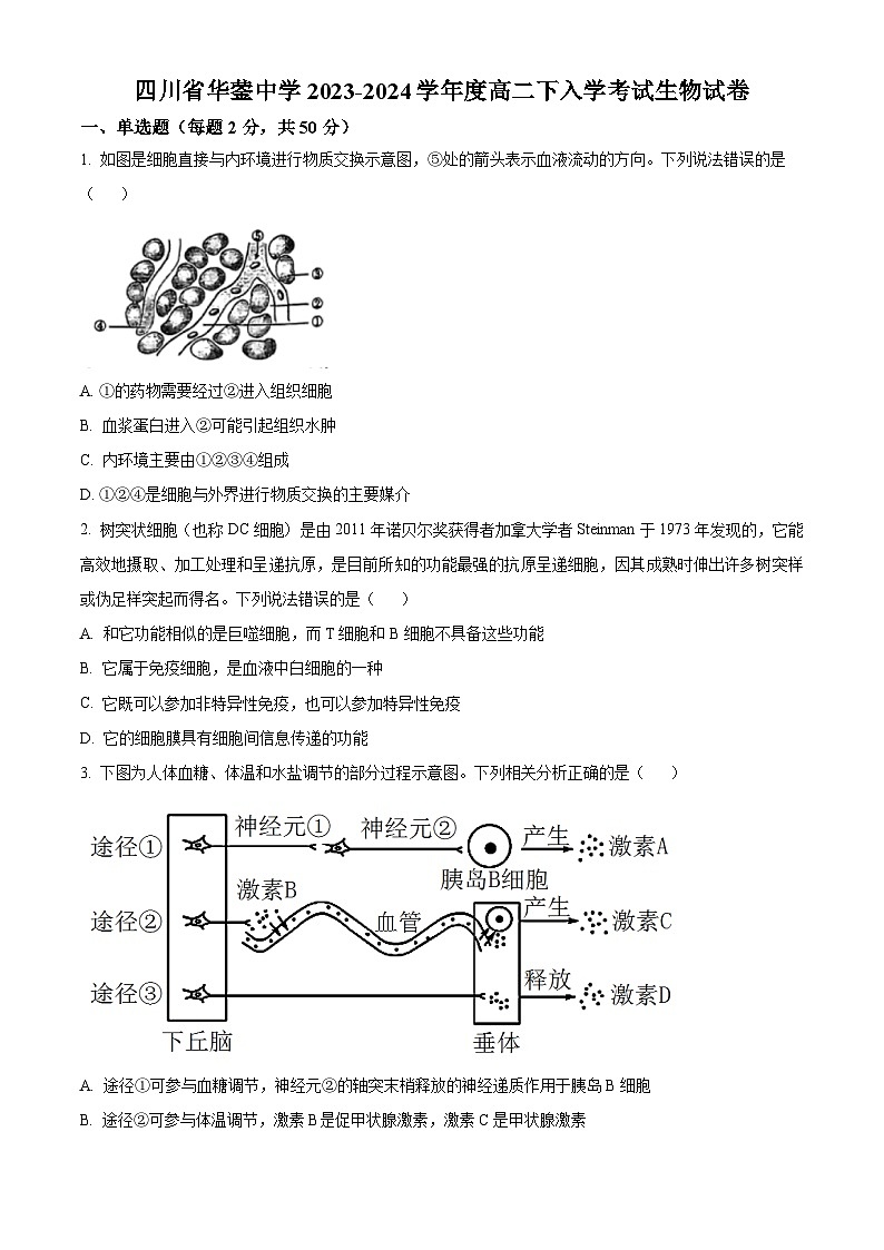 四川省广安市华蓥中学2023-2024学年高二下学期开学生物试题（Word版附解析）01