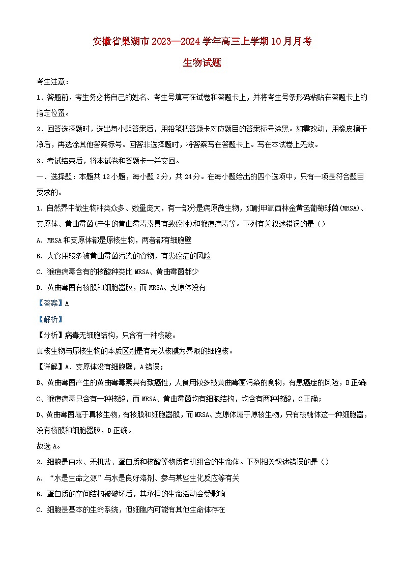 安徽省巢湖市2023_2024学年高三生物上学期10月月考试题含解析01