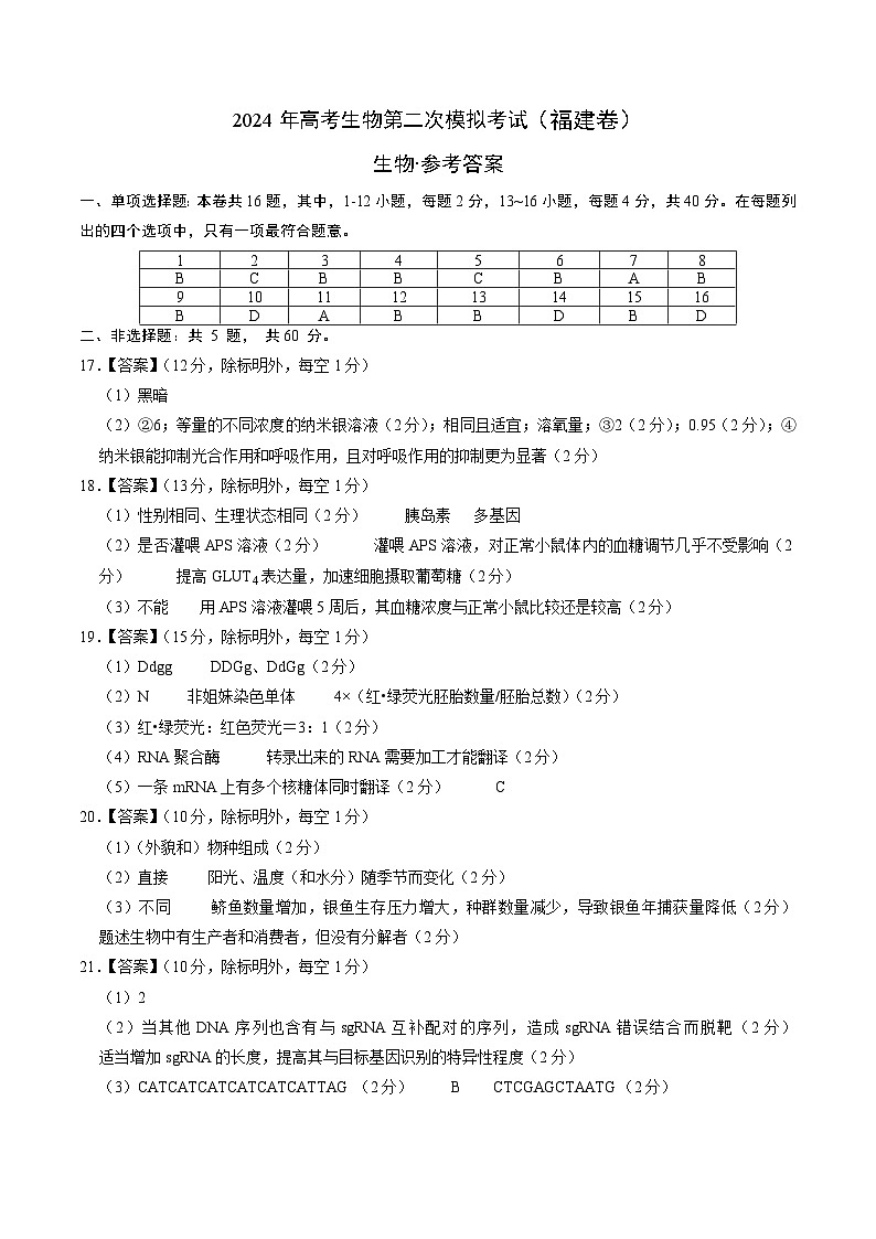 生物（福建卷）（参考答案）第1页