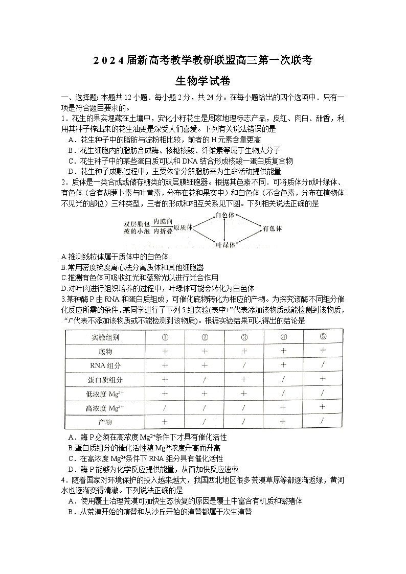 2024届湖南省新高考教学教研联盟高三第一次联考生物试卷（文字版含答案）第1页