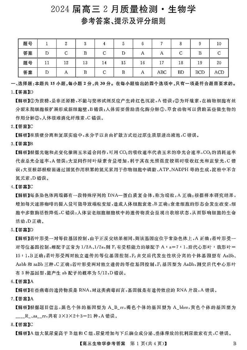 河南省部分重点中学2024届高三下学期二月质量检测生物试题答案01