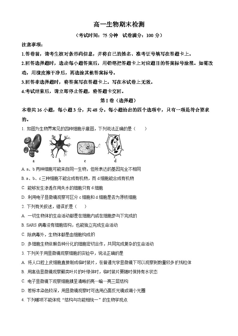 2024西安五校联考高一上学期期末考试生物含解析第1页