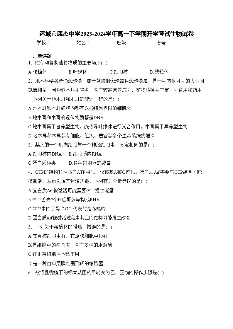 运城市康杰中学2023-2024学年高一下学期开学考试生物试卷(含答案)第1页
