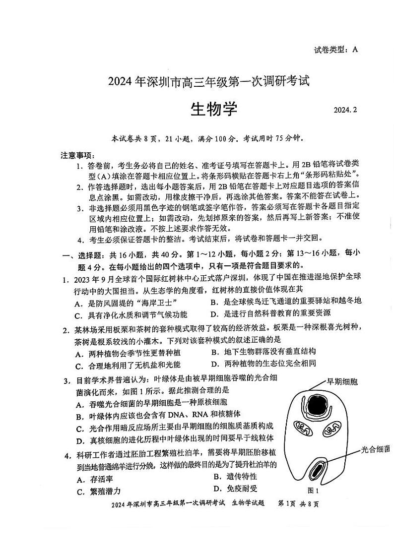 2024年2月深圳市高三下学期一模生物试卷试题及答案01
