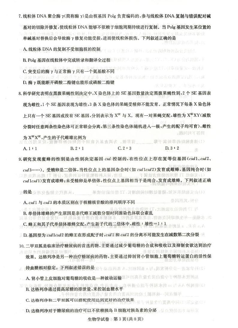 湖北省高中名校联盟2023—2024学年高三上学期第三次联合考试生物试题第3页