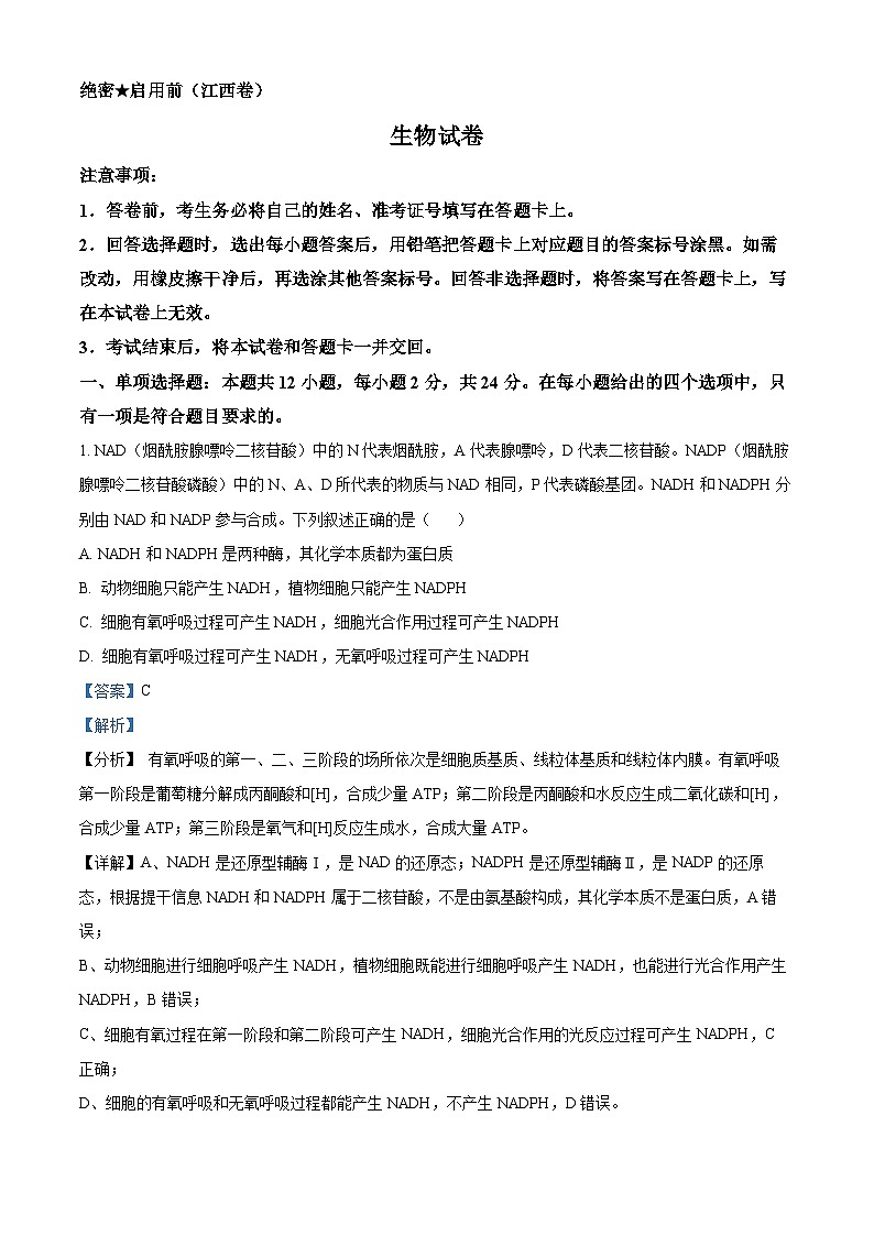 江西名校教研联盟2024届高三下学期2月开学考试生物试题（Word版附解析）01