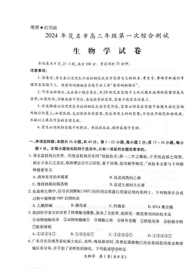 2024茂名高三上学期第一次综合测试（一模）生物PDF版含答案01