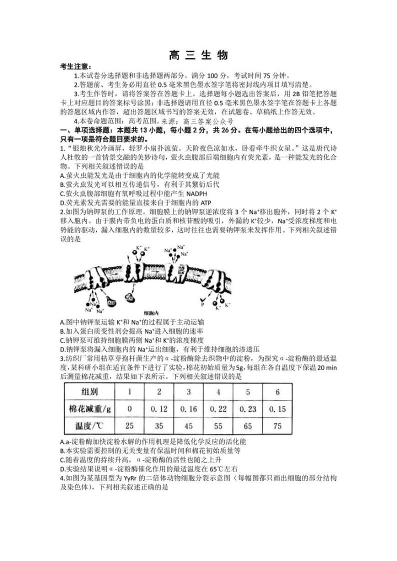 2024年九师联盟高三下学期开学考（新高考）生物试题及答案01