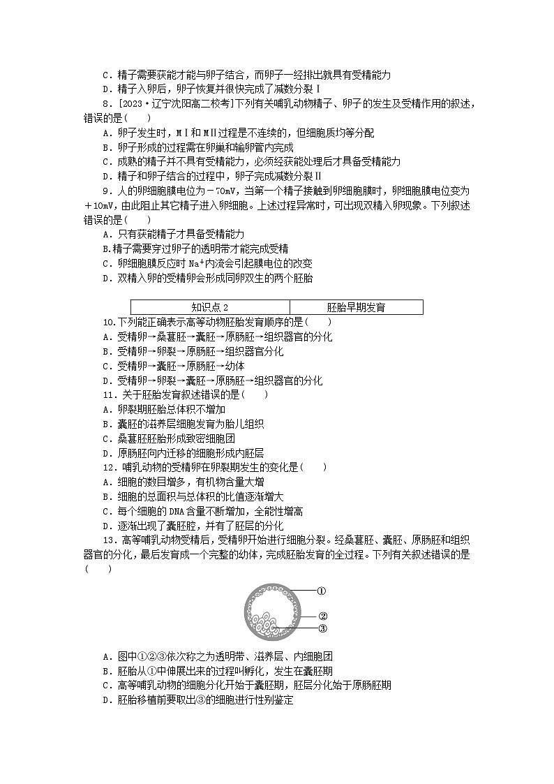 2023版新教材高中生物第2章细胞工程第3节胚胎工程课时作业新人教版选择性必修302