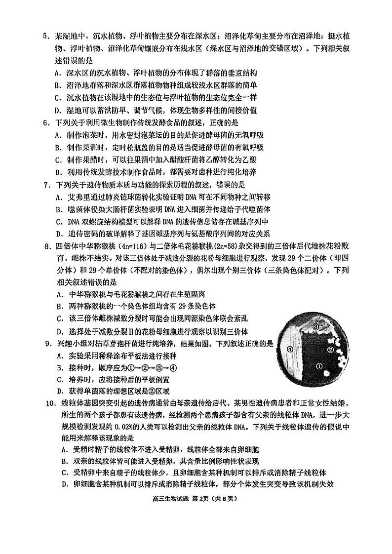 福建省泉州市2024届高三第三次质量监测生物试题02