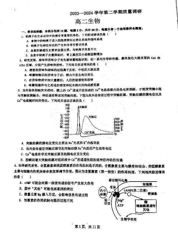 江苏省南菁高中、常州一中2023-2024学年高二下学期3月月考生物试题第1页