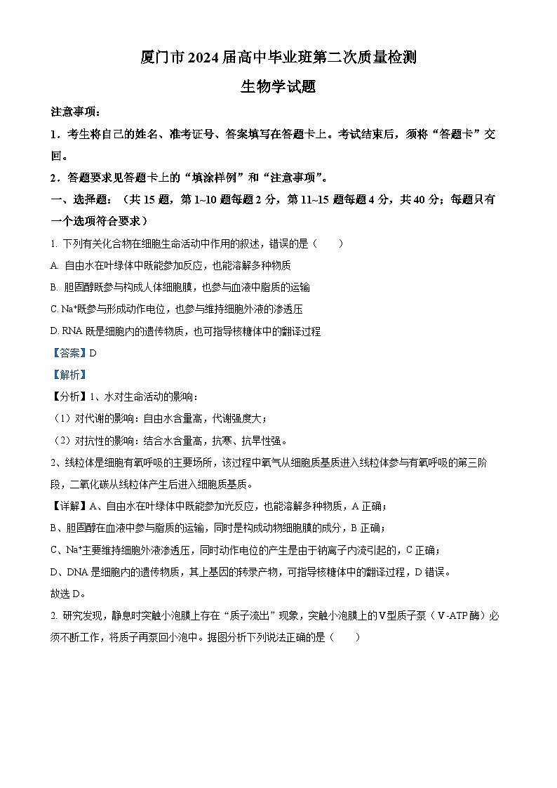 福建省厦门市2023—2024学年高三下学期第二次质量检测生物试题（解析版）第1页