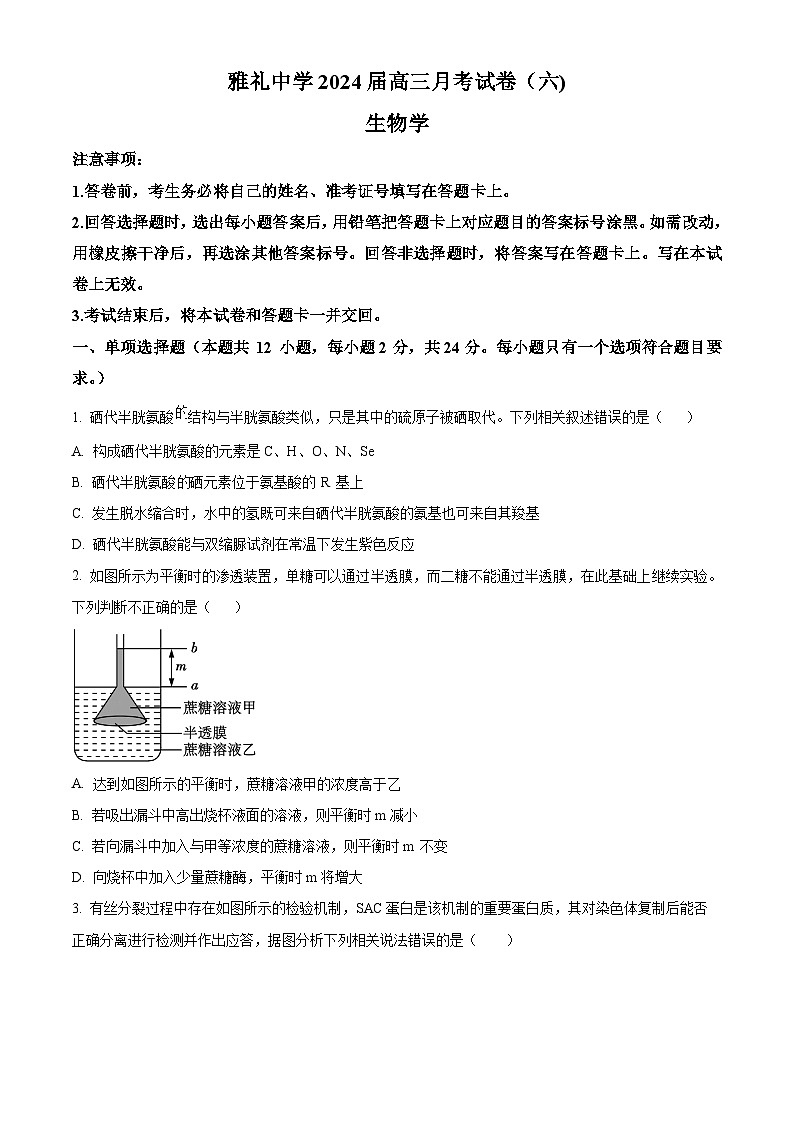 湖南省长沙市雅礼中学2023-2024学年高三下学期月考生物试卷（六）（Word版附解析）01