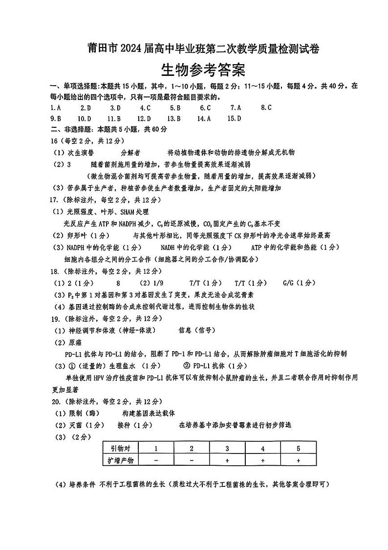 去手写_生物参考答案第1页