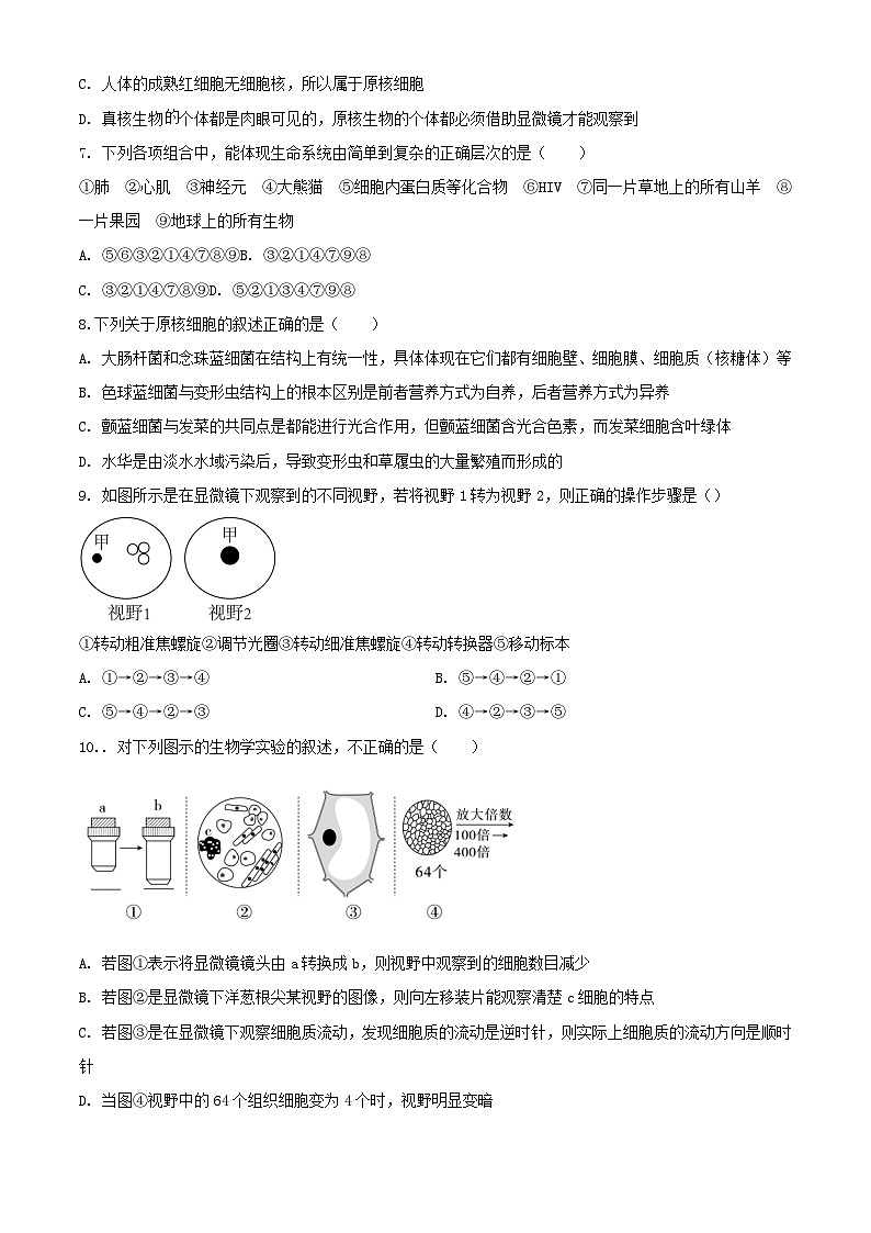 四川省自贡市2023_2024学年高一生物上学期第一次月考试题02