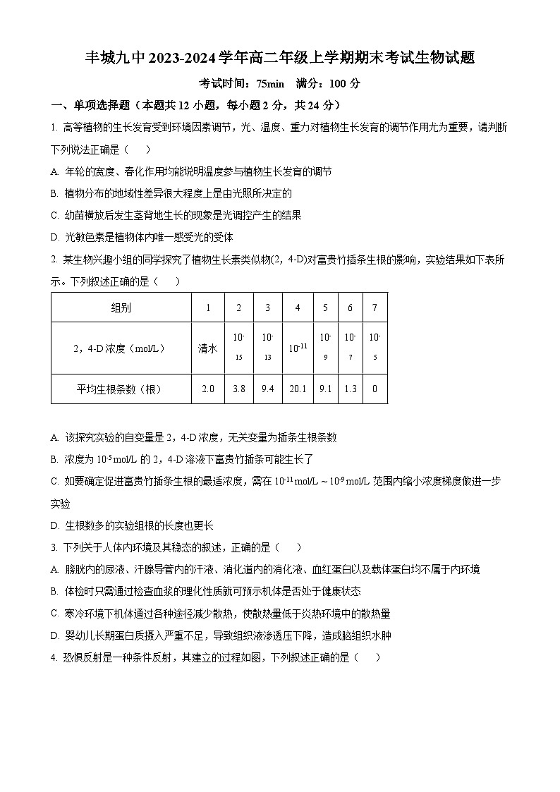 江西省宜春市丰城市九中2023-2024学年高二上学期期末生物试题（原卷版+解析版）01