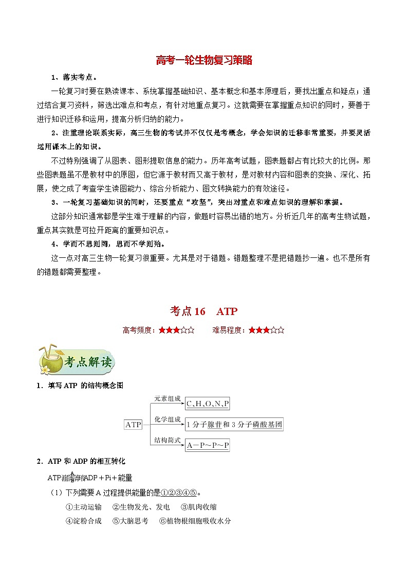 最新高考生物考点一遍过讲义 考点16 ATP01