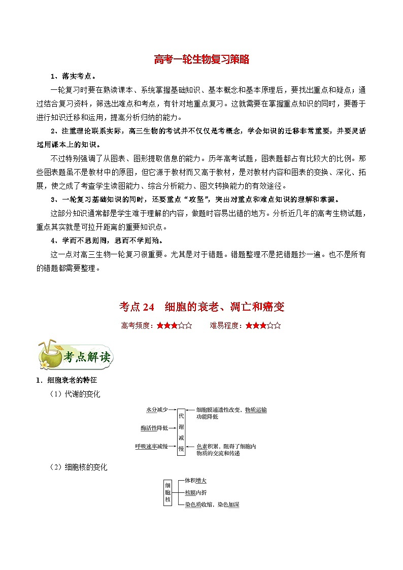 最新高考生物考点一遍过讲义 考点24 细胞的衰老、凋亡和癌变第1页