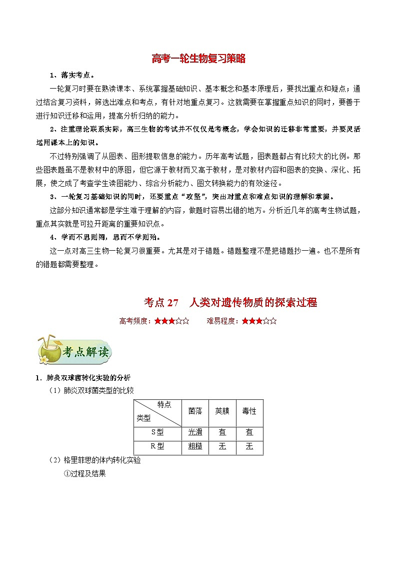 最新高考生物考点一遍过讲义 考点27 人类对遗传物质的探索过程01