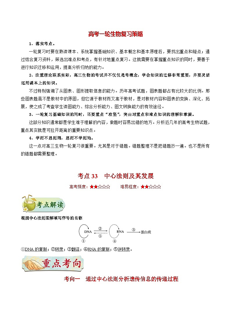 最新高考生物考点一遍过讲义 考点33 中心法则及其发展01