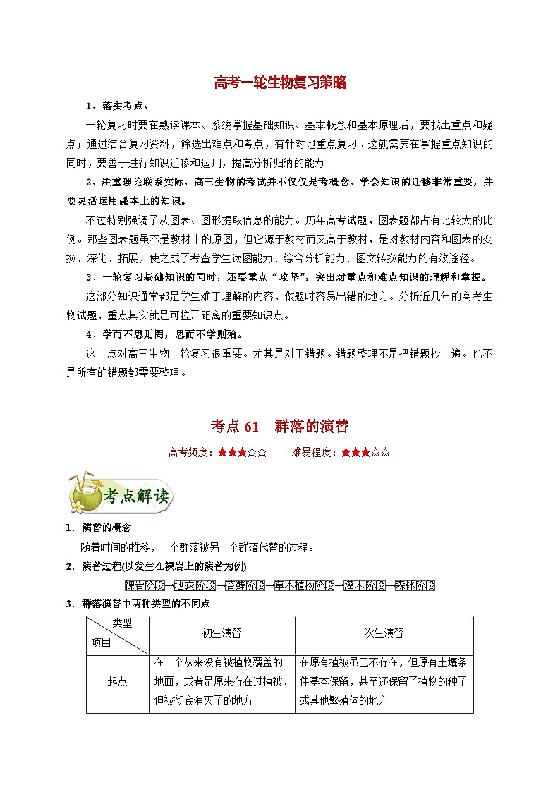 最新高考生物考点一遍过讲义 考点61 群落的演替01