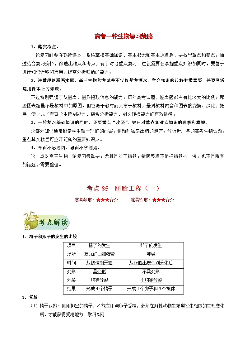 最新高考生物考点一遍过讲义 考点85 胚胎工程（一）01