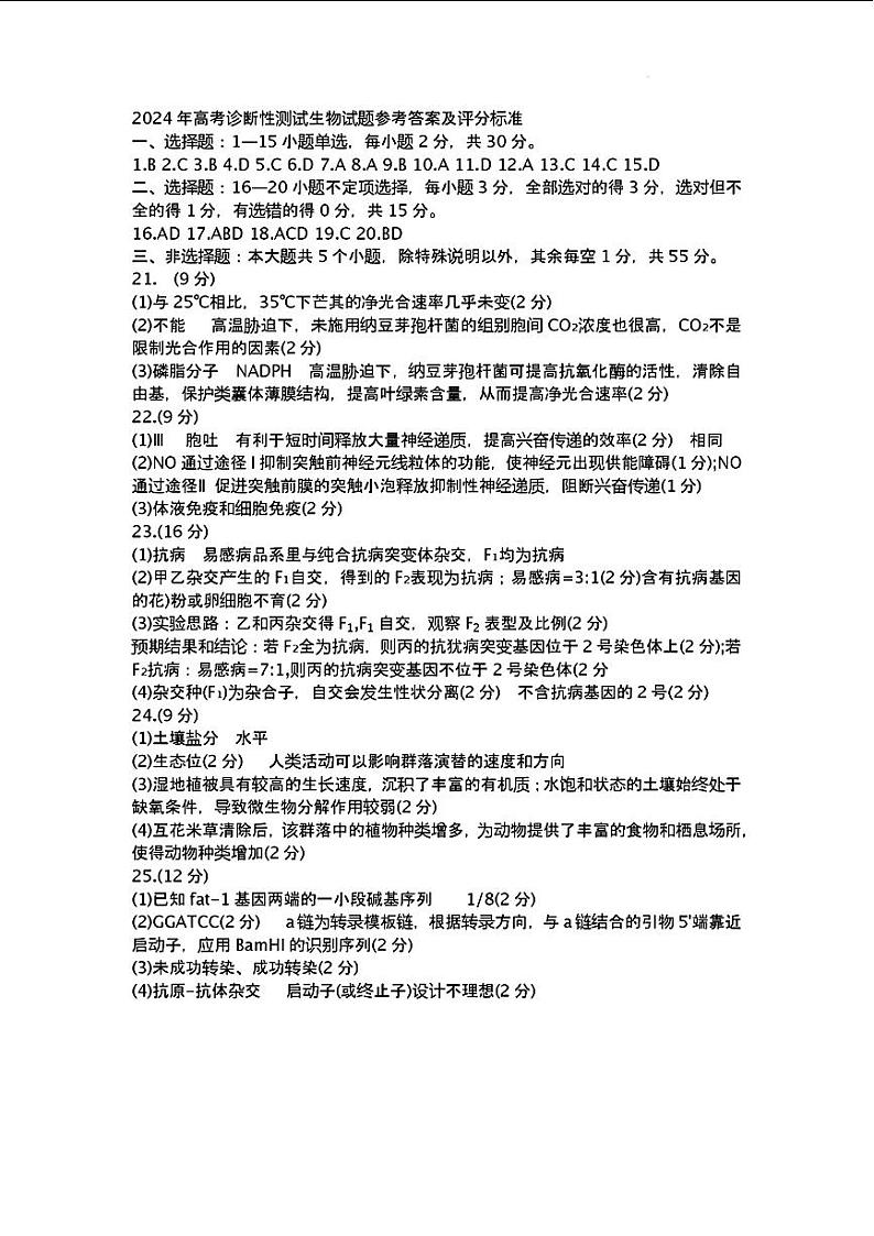 山东省烟台市、德州市2024届高三下学期一模考试生物试题01