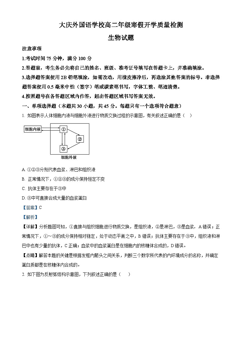 精品解析：黑龙江省大庆外国语学校2023-2024学年高二下学期开学质量检测生物试题（解析版）第1页