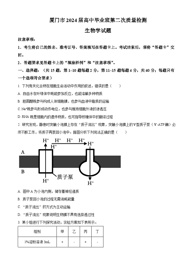 福建省厦门市2024届高三下学期第二次质量检测试题 生物 Word版含解析01