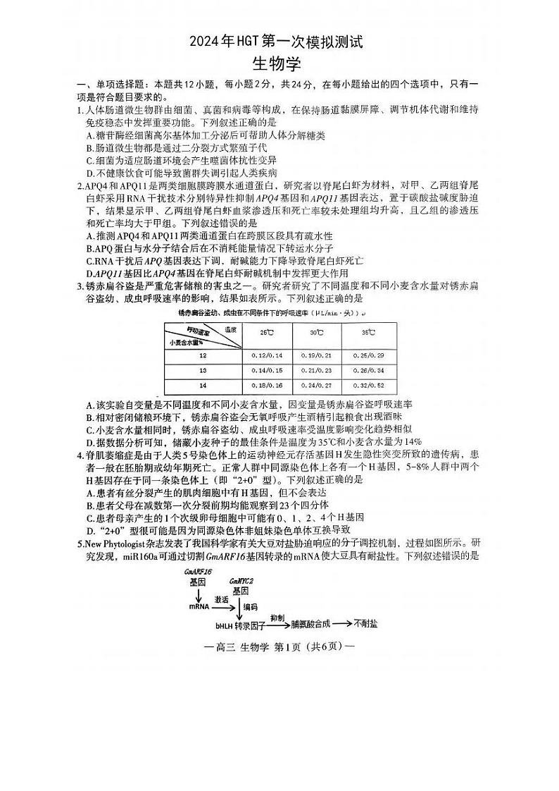 江西省南昌市2023-2024学年高三下学期第一次模拟测试生物试卷01
