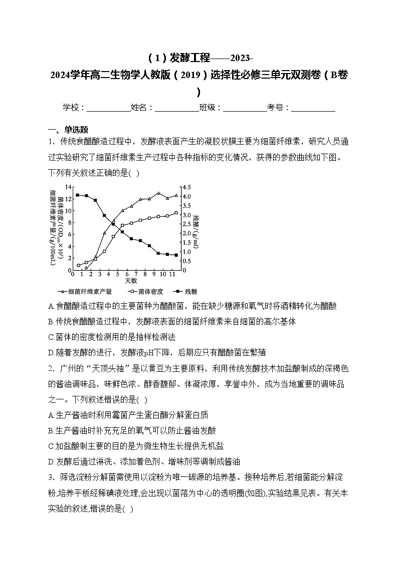 （1）发酵工程——2023-2024学年高二生物学人教版（2019）选择性必修三单元双测卷（B卷）(含答案)第1页