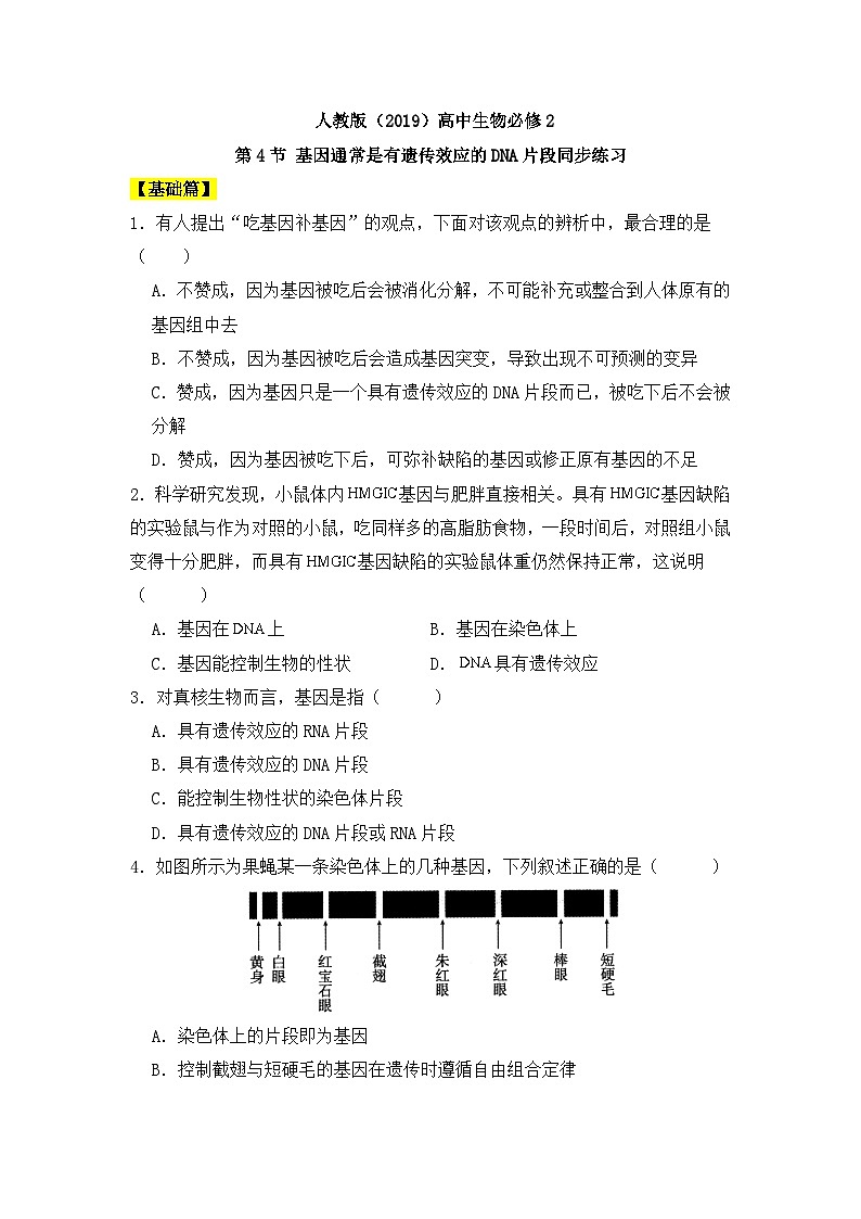 人教版高中生物必修二3.4基因通常是有遗传效应的DNA片段同步练习（含答案解析）01