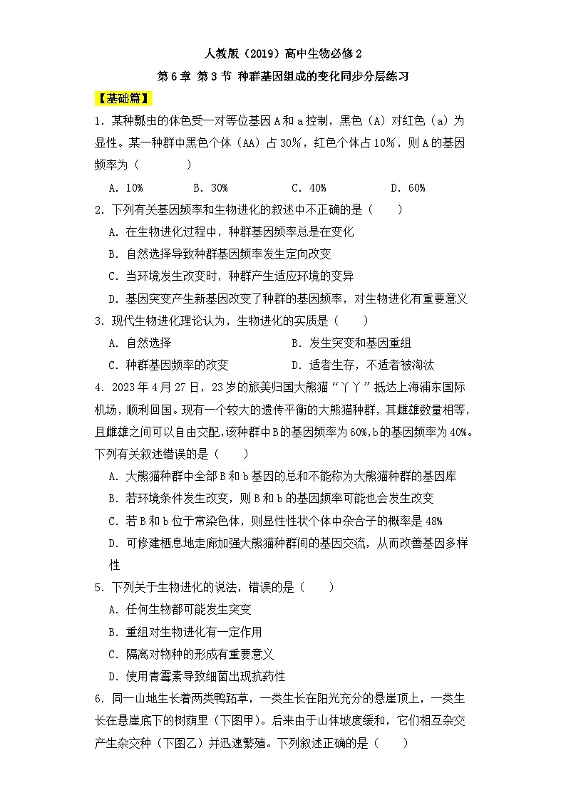 人教版高中生物必修二6.3.1 种群基因组成的变化同步练习（含答案解析）第1页