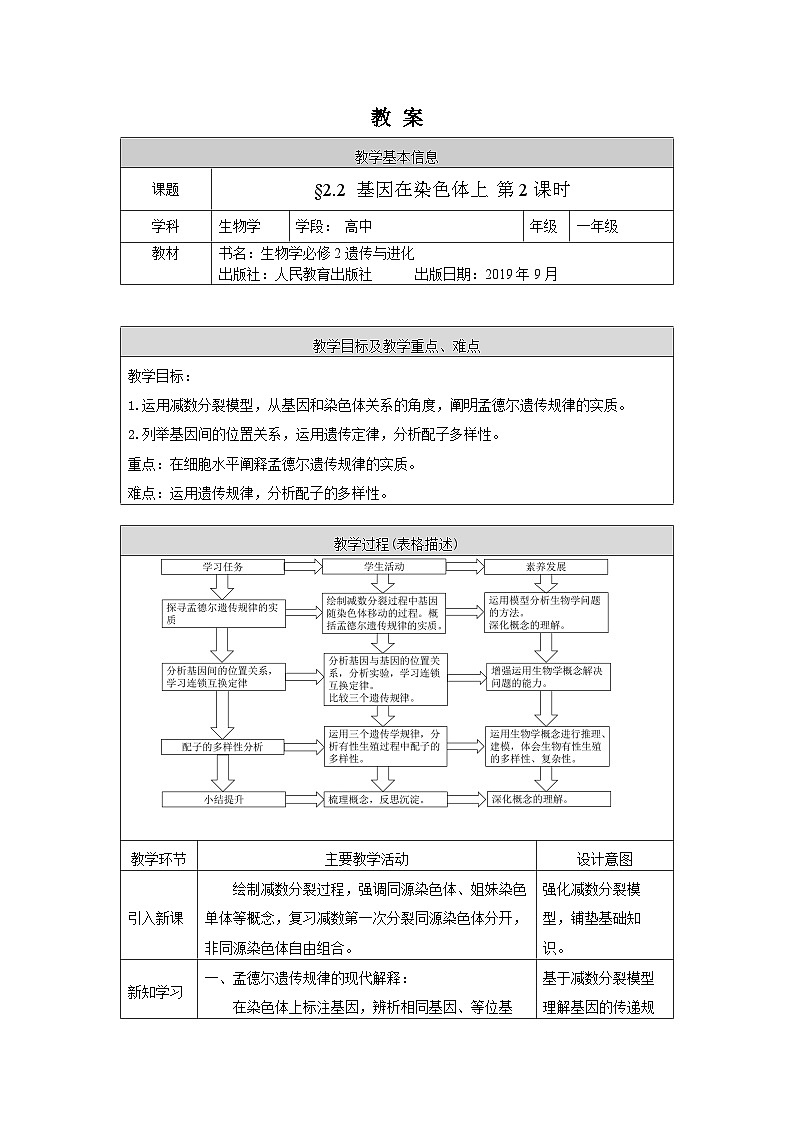 高一生物学人教版必修2基因在染色体上（2）教案01