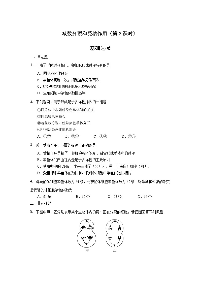 人教版高中生物必修二减数分裂和受精作用（第二课时）课后作业第1页