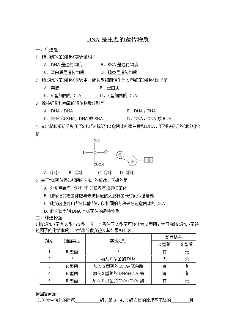 人教版高中生物必修二DNA是主要的遗传物质课后作业第1页
