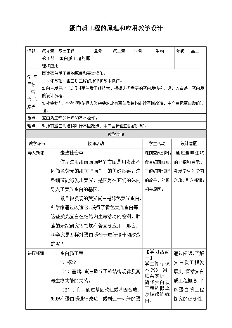 人教版生物选择性必修三第4节  蛋白质工程的原理和应用 教案第1页